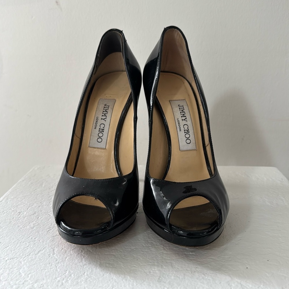 Jimmy Choo Black Patent Leather Peep-Toe Heels 36